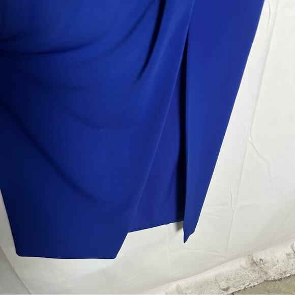 Mikael Aghal Royal Blue High Neck Sleeveless Ruffle Waist Slit Leg Maxi Dress 2 - Picture 5 of 6
